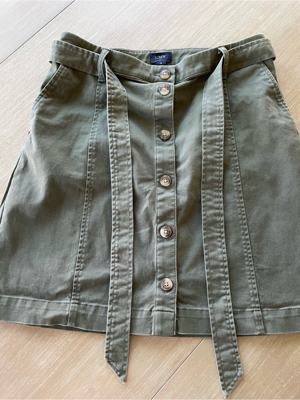 J. Crew Olive Green Button-Front A-Line Skirt with Tie Belt